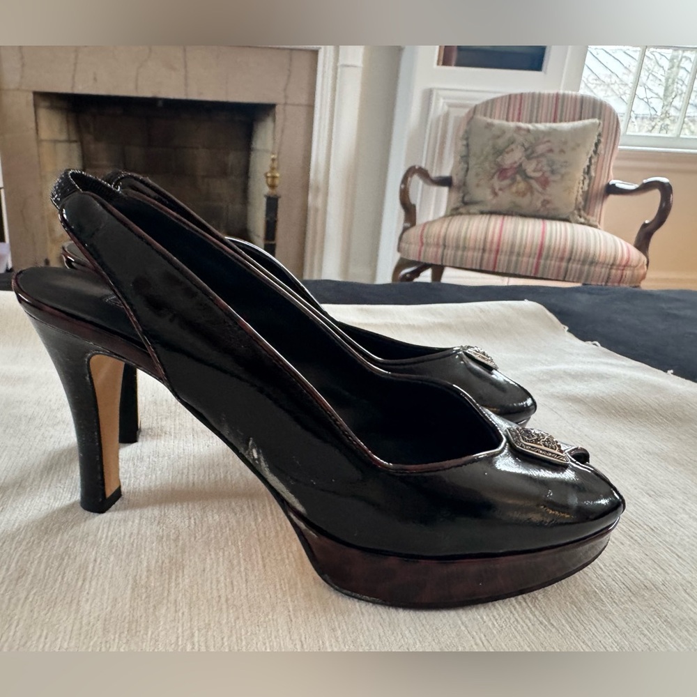 Brighton Welch Peep-Toe Slingback Heels Patent Leather Swarovski Crystal 7N
